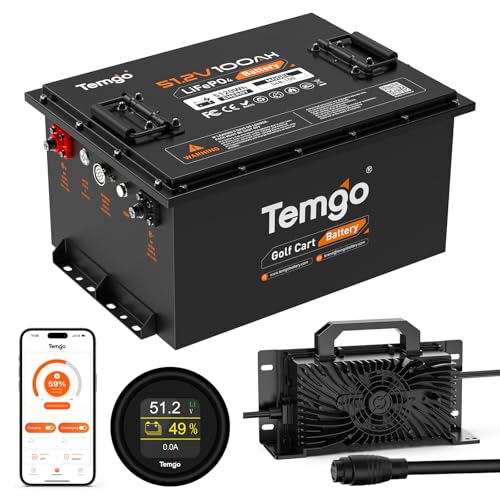 48V Lithium Golf Cart Battery, TEMGO 51.2 Volt 100Ah LiFePO4 Battery, Built-in Bluetooth 200A BMS, Includes 56.8V 18A Charger, APP Monitor, Perfect for Golf Carts