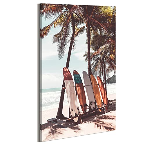 arttitue Beach Canvas Wall Art Bathroom: Coastal Ocean Picture Surfboard Palm Tree Painting Sea Scene Seascape Surf Print Seaside Seashore Artwork for Bedroom Decor 16’’ x 24’’