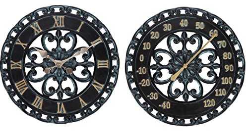 Lily's Home Hanging Verdigris Wall Clock and Dial Thermometer Set, Ideal for Indoor and Outdoor Use, Makes a Great Housewarming Gift, Black (13 Inches)