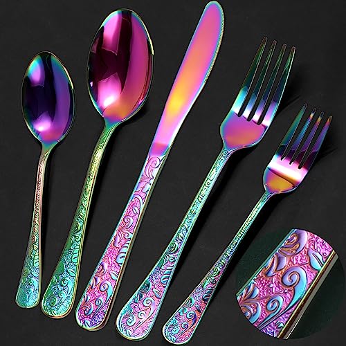 Meythway 40-Piece Vintage Carved Rainbow Silverware Set for 8, Stainless Steel Flatware Set with Knife/Fork/Spoon, Cutlery Set for Home and Kitchen, Utensil Set with Dishwasher Safe