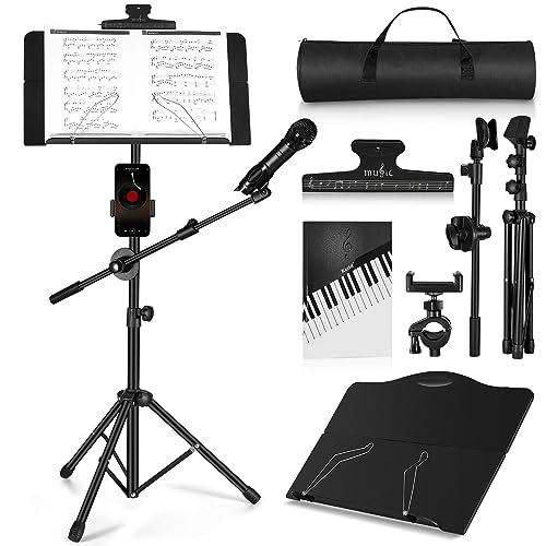 Music Stand, Vangoa Folding Sheet Music Stand with Detachable Microphone Stand & Phone Holder, Portable Lightweight with Music Sheet Clip Holder & Carrying Bag for Instrumental Performance