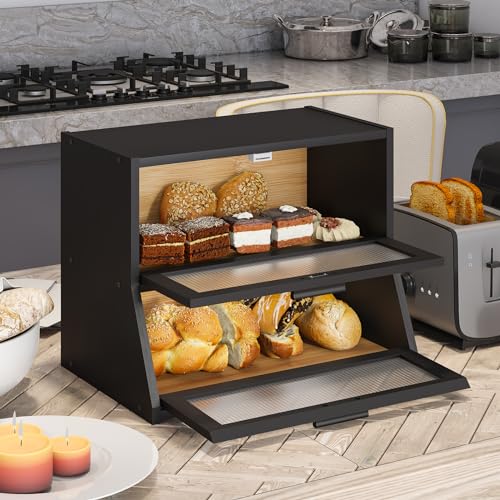 Large Bread Box Double Layer Bamboo Bread Box for Kitchen Counter Container Farmhouse Bread Box Bread Holder Capacity Bread Storage Bin(Black)