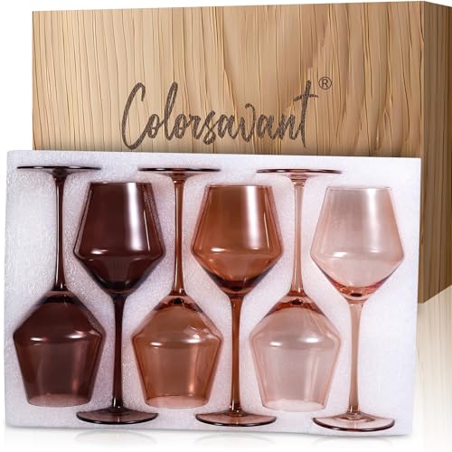 Colorsavant Venus Wine Glasses Set 6-16oz Melanin Colored Wine Glasses with Stem【HandBlown】 Amber Wine Glasses Set,Unique Brown Wine Glasses for Home Deco