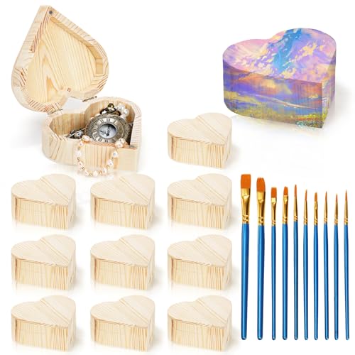 Acshio 12 Pack Unfinished Wood Heart Box, Unpainted DIY Treasure Chest with 10 Pcs Paint Brushes, Wooden Heart Shaped Storage Box Jewelry Box with Lid for Art Craft Painting Making