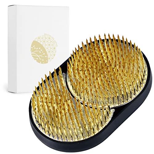 Wazakura Sun and Moon Ikebana Kenzan, Made in Japan, Pin Frog Japanese Flower Holder for Floral Arrangement - 3-3/4"x2-1/4 Brass