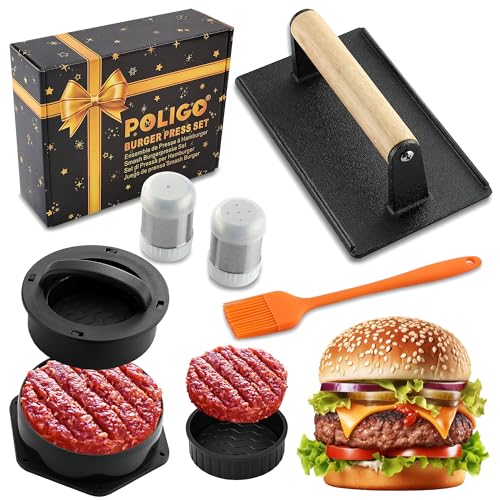 POLIGO 5PCS Smash Burger Press Kit - 4 in 1 Hamburger Patty Storage Containers,7.68"X4.1" Rectangle Cast Iron Smash Bacon Press- Non Stick Smash Burger Press Set for Grill and Griddle Cooking