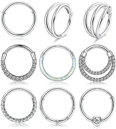 Besteel 9 Pcs Hypoallergenic Septum Rings 16G Surgical Steel CZ Opal Clicker Hinged Nose Rings Hoop for Women Men Lip Conch Tragus Helix Daith Cartilage Earrings 10mm