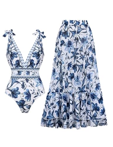 FLAXMAKER Blue and White V Neck Lace Up Strip Plant Prints One Piece Swimsuit and Skirt/Sarong(Swimsuit and Skirt,Blue,L)