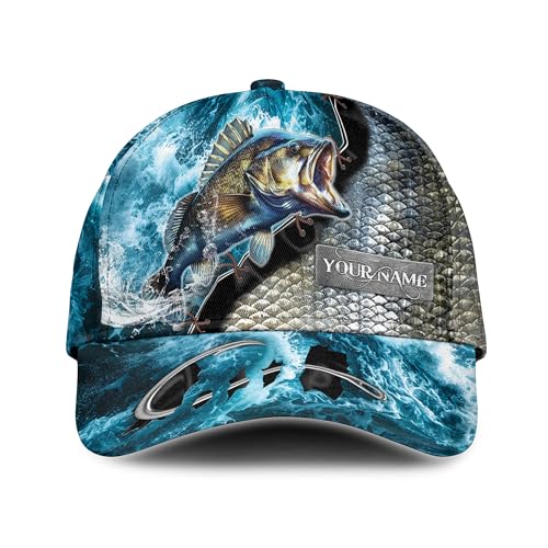 QTValue 3D Personalized Baseball Caps, 3D Print Fishing Hat Gifts for Dads who Hunt, Hunter Caps for Men, Blue Hats Logos for Men Fishing, 3D Printed Ball Caps, Unisex Ball Caps, Big Fish Hat