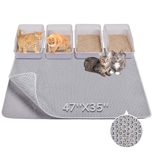 BurgeonNest Cat Litter Mat 47" x 35" Upgraded Felt & Fabric Material Cat Trapping Mat for Fewer Creases, Extra Large Hold 3-4 Litter Boxes Urine-Proof Non-Slip, Machine Washable, Soft on Paws, Grey