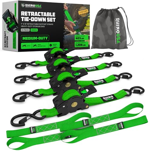 Rhino USA Retractable Ratchet Straps (4-Pack) - 1 Inch x 10 Feet (1,209lb Break Strength) - Heavy Duty Auto Self Retracting Tie Down Straps for Truck, Cargo Trailer, Motorcycle, Rad & More - Green