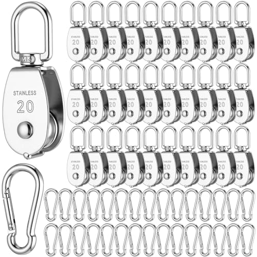 Ferraycle 30 Pcs Single Pulley Block System 304 Stainless Steel Pulley Wheel Hanging Wire Towing Wheel with 30 Pcs Spring Snap Hook, Lifting Wire Rope Single Swivel Roller, Silver(M20)