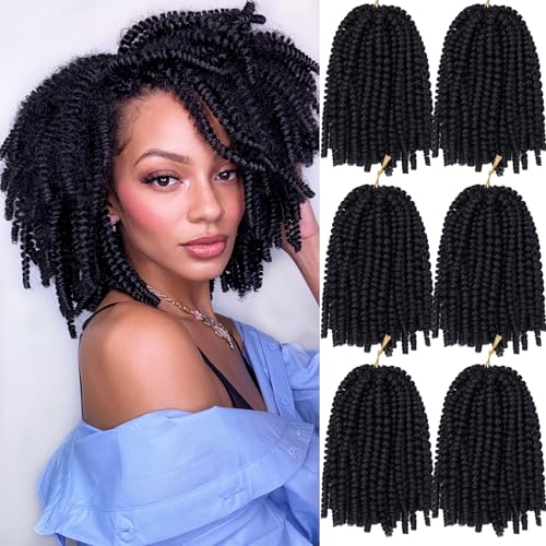 Spring Twist Hair - 8 Inch 6 Packs Spring Twists Crochet Hair for Women Black Synthetic Braiding Hair Low Temperature Fluffy Bomb Twist Hair Extensions, 1B