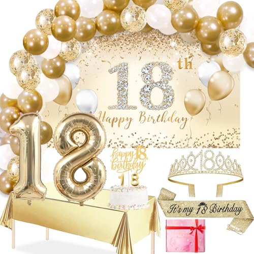 Trgowaul 18th Birthday Decorations Balloon Set Girls Arch, Gold 18th Birthday Banner and Party Tablecloth, Belt and Tiara, Gold 18th Balloon, 18 Years Old Birthday Cake Top, Latex Balloon * 60