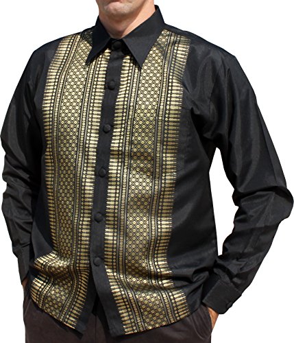 RaanPahMuang Brand Long Sleeve Formal Northern Thai Motif Silk Shirt, Large, Black