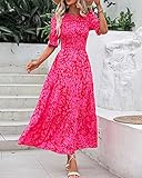 BTFBM Women Casual Summer Dresses 2024 Spring Crew Neck Ruffle Short Sleeve Floral Print Smocked Boho Flowy Maxi Dress(Print Rose Red, Large)