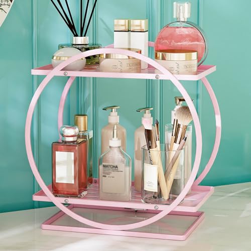YIWANFW Pink Perfume Organizer for Dresser, Elegant Round Makeup Organizer Countertop, 2-Tier Bathroom Counter Organizers, Large-Capacity Metal Skincare Display Stand for Vanity Storage Bathroom Shelf