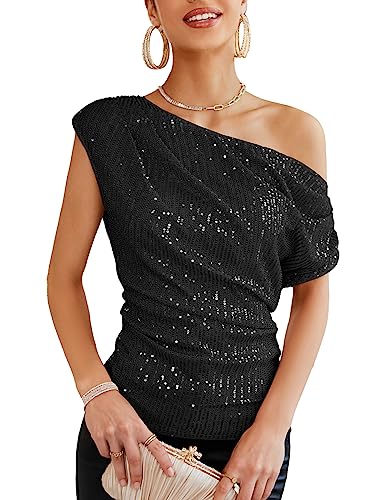 GRACE KARIN Trendy Off Shoulder Sequin Tops for Women Dressy Asymmetrical Neck Sparkly Party Tops Shirts One Sleeve Sparkle Metallic Disco Outfit Women Black L
