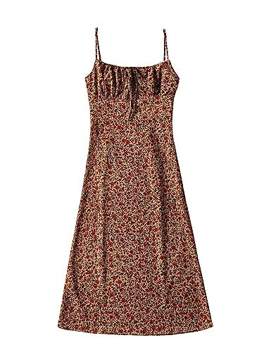Omoone Womens Floral Dress Low-Cut Square Neck Spaghetti Strap Tie Bodycorn 90s Y2k Sun Dresses (01 Yellow, Medium)