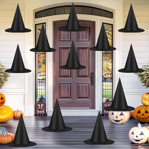 12 PCS Halloween Witch Hats, Black Hanging Witch Hat, Witch Costume Accessories Witches Hat with 328 FT Nylon Cord Wizard Hats Indoor Outdoor Halloween Decorations for Home Yard Porch Ceiling