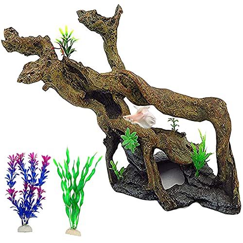 PINVNBY Resin Driftwood Aquarium Decoration Tree Branch Fish Tank Trunk Ornament Betta Log Reptile Climb with Holes for Shrimp Lizard Fish Gecko(3 PCS)