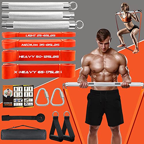 Detachable Resistance Band Bar Set for Home Gym, 500LBS Capacity with 4 Stackable Bands, Door Anchor & Workout Guide