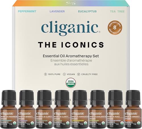 Cliganic Organic Aromatherapy Essential Oils Gift Set (Top 8 - The Iconics), 100% Pure - Peppermint, Lavender, Eucalyptus, Tea Tree, Lemongrass, Rosemary, Frankincense & Orange (Packaging May Vary)