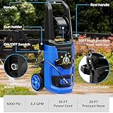 QIOMALA Electric Pressure Washer, 5000 PSI 3.2 GPM Adjustable Touch Screen, High Pressure Cleaning Machine with 35 FT Power Cord, 4 Nozzles, Hose Reel, Foam Cannon for Car/Patio/Garage