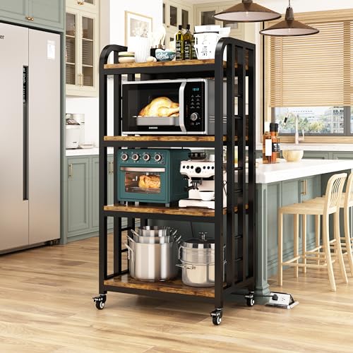 4-Tier Kitchen Bakers Rack with Power Outlet and Rolling Wheels, Microwave Stand with Storage, Adjustable Kitchen Shelves Freestadning, Coffee Bar Station, Bakers Rack for Spices, Pots and Pans, Brown