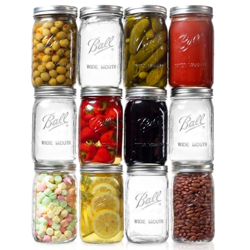 Ball Wide Mouth Mason Jars 32 oz. (12 Pack) - Quart Size Jars with Airtight Lids and Bands for Canning, Fermenting, Pickling, Meal Prep or DIY Decors and Projects Bundled with Peaknip Jar Opener