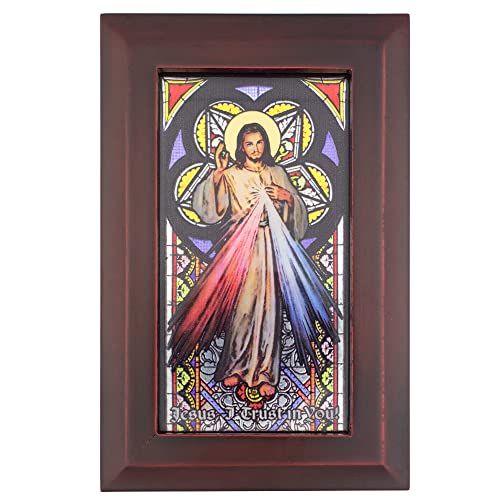 Divine Mercy Music Box | Shimmery Foil Stained Glass Art | Jesus I Trust in You | Mahogany Finish | Compartment for Jewelry and Rosaries | Great Catholic Gift for First Communion and Confirmation