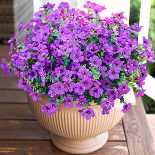 HyeFlora Artificial Flowers for Outdoor Indoor Garden Home Decoration, Faux Flower Daisy with Eucalyptus Leaves Fake Plants Greenery Boxwood Porch Patio, 12 Bundles (Purple)