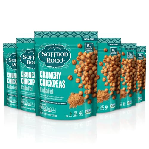 Saffron Road Roasted and Crunchy Falafel Chickpeas | High Protein Snacks | Gluten-free, Vegan, Non-GMO, and Certified Halal and Kosher | 5.4oz Pouch | Pack of 6