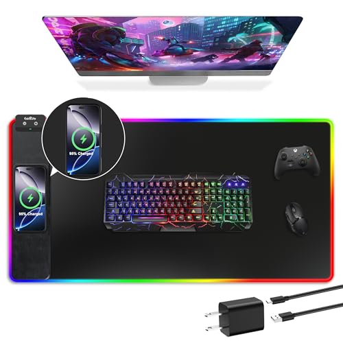 Mouse Pad with Wireless Charging, RGB Gaming Mousepad, Large Desk Mat with Ultra-Smooth Surface, Non-Slip Mouse Mat, Waterproof Computer Keyboard Pad with 18W QC Power Adapter, 800x400x4MM, Black