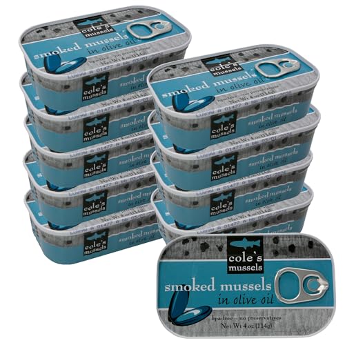 COLES Smoked Mussels in Olive Oil – 4 oz Canned Mussels, Wild Caught in Chile, High in Protein & Nutrients, Premium Quality Seafood – 10 pack