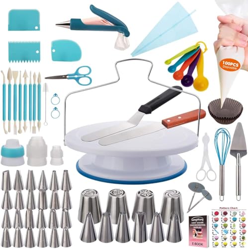 207 Pcs Cake Decorating supplies Kit for Beginners Cake Turntable-100+ Piping Bags-Russian Piping Tips-Icing Spatula Cake Decorating Tools