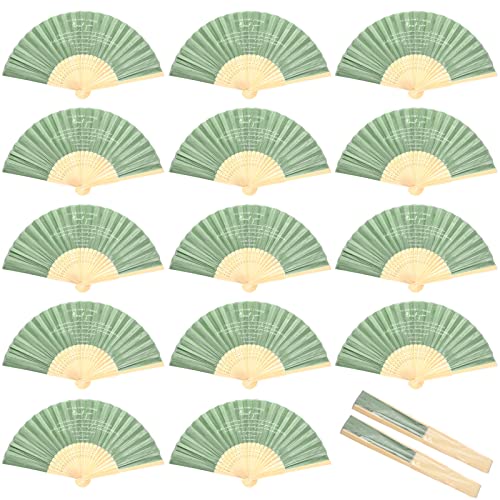 Unittype 100 Pcs Wedding Folding Fans for Guests Bamboo Folded Hand Fan Thank You Fan for Wedding Favors Vintage Silk Handheld Fans for Bridal Shower Decorations(Sage Green, Simple Style)