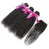 Hermosa 10A Kinky Curly Weave Human Hair Bundles with Closure 16 18 20+14 Brazilian Curly Hair 3 Bundles with Closure