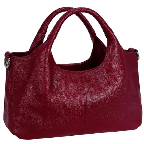 Iswee Women's Genuine Leather Handbag, Medium Satchel Shoulder Bag, Crossbody Hobo Purse with Pockets (Wine)
