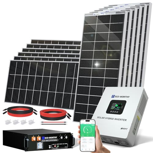ECO-WORTHY 5KW Off Grid Solar System Complete Kit 12PCS 195W Bifacial Solar Panel (2340W) +1 * 48V 5KW Hybrid Inverter + 1 * 51.2V 100Ah Server Rack Whole House Storage LiFePO4 Lithium Battery