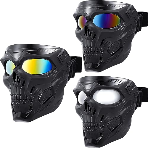 Kanayu 3 Pcs Airsoft Mask Skull Full Face Tactical Masks Electroplated Lenses Military Halloween Paintball Mask Motorcycle Face Mask for Riding Racing Shooting Cosplay Cs Survival Games (Not Anti Fog)