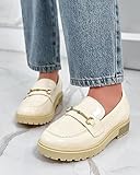 Coutgo Girl's Platform Loafers Slip On Chain Chunky Heel Leather Flats Round Toe School Uniform Dress Shoes Beige