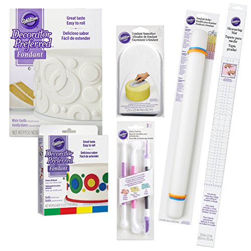 Wilton Fondant Tool Set, Intermediate, 15-Piece - White and Primary Color Fondant, Smoother, Rolling Pin,