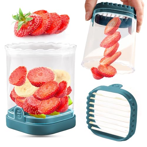 COKSDUPID Fruit Slicer Cup | Strawberry Slicer | Banana Slicer | Grape Cutter | Egg Slicers | Detachable Fruit Cutter Slicer with Push Plate | Creative Strawberry Slicer Kitchen Gadget (Dark Teal)