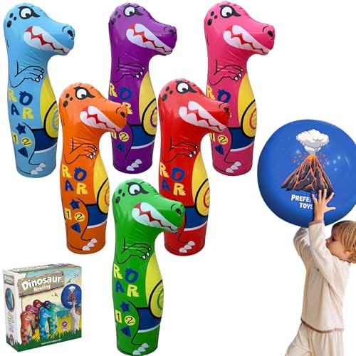 Inflatable Dinosaur Bowling Set for Kids – 6 Giant 26” Pins & 24” Ball – Fun Indoor/Outdoor Game – Educational Motor Skills Toy – Great Birthday Gift – Teaches Numbers, Letters & Shapes