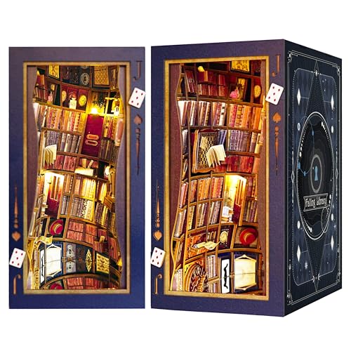 JOOHOUR DIY Book Nook Kit, Alice in Wonderland, Dollhouse Miniature, Booknook Bookshelf Insert Alley 3D Wooden Puzzle, Bookends Model Building Kit, Gift for Teens and Adults, Falling Library