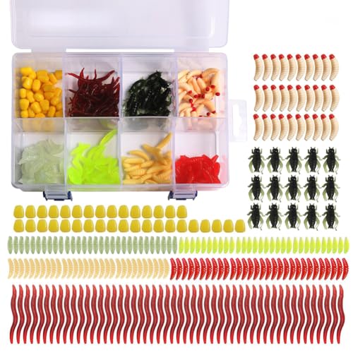 Naiveferry 250Pcs Fishing Soft Plastic Lures, Silicone Maggot Worm Fishing Bait Artificial Worm Cricket Simulation Corn Fishing Lures with Storage Box for Outdoor Freshwater Saltwater Fishing