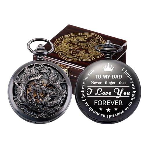 ManChDa Engraved Pocket Watch for Dad with Wooden Box Dragon and Phoenix Pocket Watch with Chain Mechanical Pocket Watch Custom Engraving Pocket Watch for Men Gift for Dad Fathers Day Birthday Gift