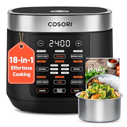 COSORI Rice Cooker 10 Cup, 24h Keep Warm, 18 Functions Fuzzy Logic Rice Maker with Stainless Steel Steamer Basket, Sauté, Slow Cooker, Black