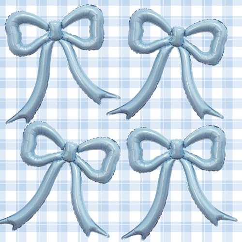 Dusty Blue Bow Foil Balloons Set – 4PCS Blue Coquette Party Balloons for Girls Birthday, Princess Baby Shower, Beach Bridal Shower,Gingham Birthday Decor, Bow-Themed Party Decorations